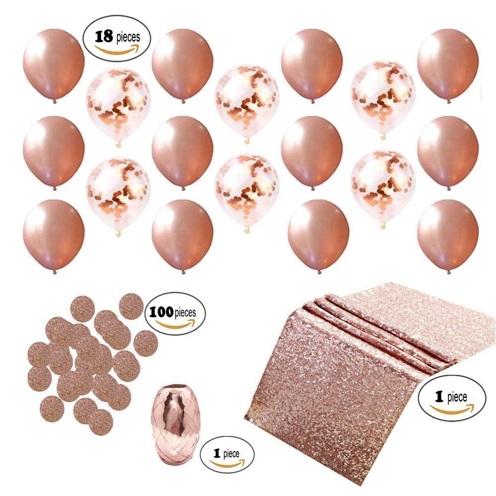 Rose Gold Balloons Party Decorations Supplies Set Pack Include 6 Confetti & 12 Rose Gold Balloons,1 Rose Gold Sequin Table Runner, Foil Ribbon for Birthday Party, Wedding,Xmas New Year Festival