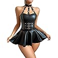 WDIRARA Women's PU Leather Buckled Halter Backless Bralette and Skirt Lingerie Set