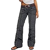 Flamingals Straight Leg Pants for Women Mid Rise Casual Cargo Solid Patch Pockets Stitch Detail Pants