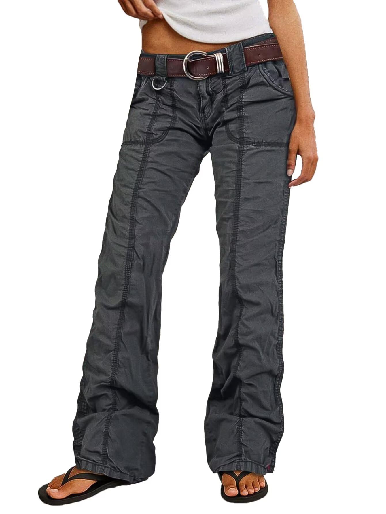 Photo 1 of Flamingals Straight Leg Pants for Women Mid Rise Casual Cargo Solid Patch Pockets Stitch Detail Pants Dark Gray L