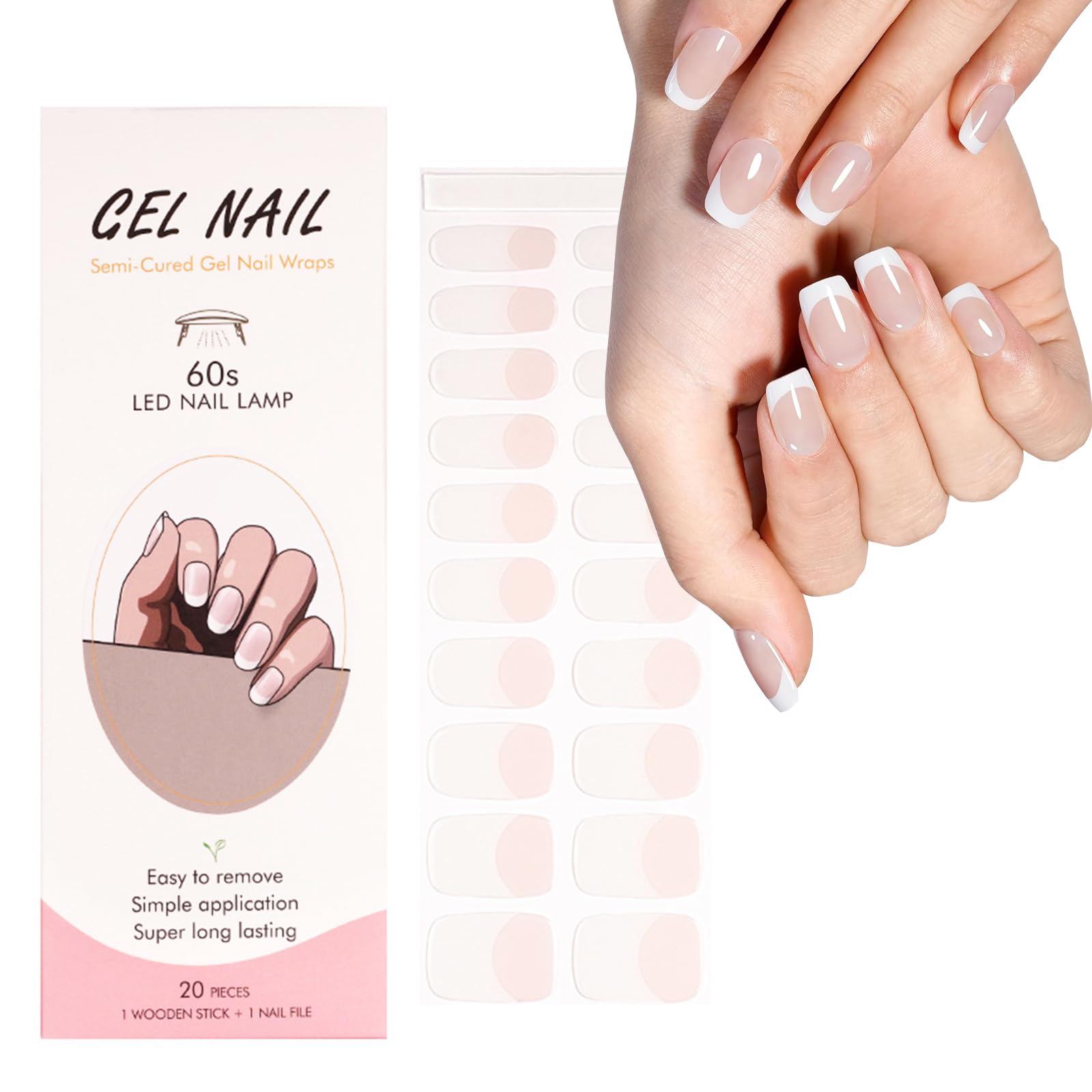 Semi Cured Gel Nail Strips - 20 Pcs French Tip Stickers - Salon-Quality Wraps with Nail File & Wooden Cuticle Stick