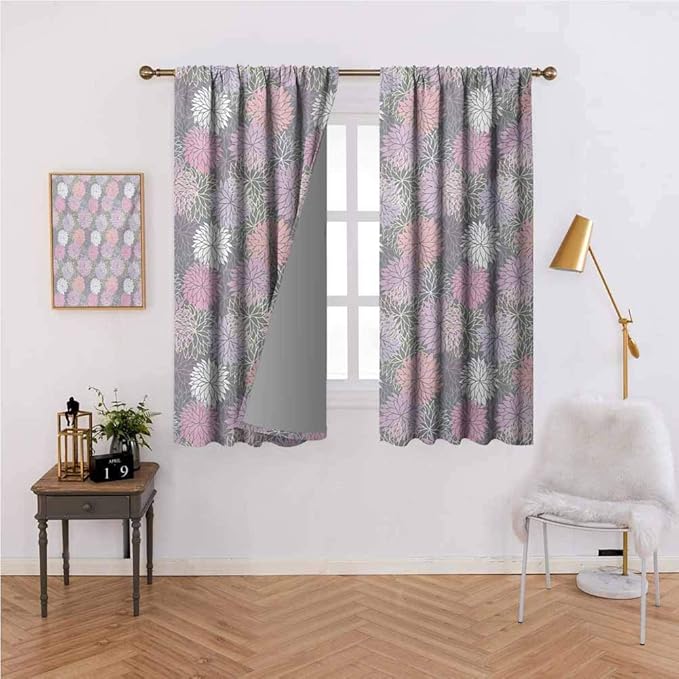 pink-and-grey-blackout-curtain-panels-blossom-bouquet-botanical-foliage
