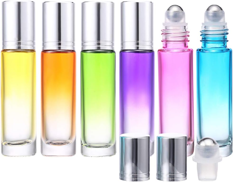 Glass Essential Oil Roller Bottles Empty Bottles 6 Pack with 1 Extra Stainless Steel Roller Ball 8 Black Labels 1 Opener 1 Funnel 1 Dropper (Silver)