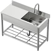 Stainless Steel Commercial Sink with Drainboard, Free Standing Utility Sink | Single Bowl Kitchen Sink with Workbench and Pull-out Faucet for Restaurant Garage Outoor, 21.7"D x 47.2"W x 37"H, Right Bowl
