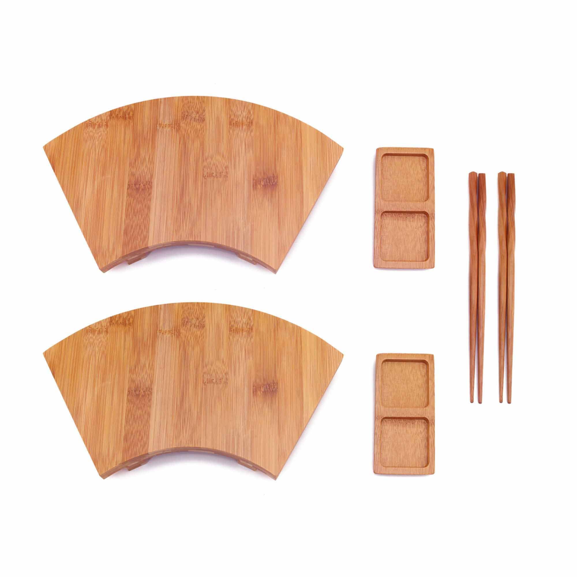 BambooMN Bamboo Sushi Plate/Tray, Chopsticks and Compartment Sauce Dish, 11.6" Fan - 2 Sets