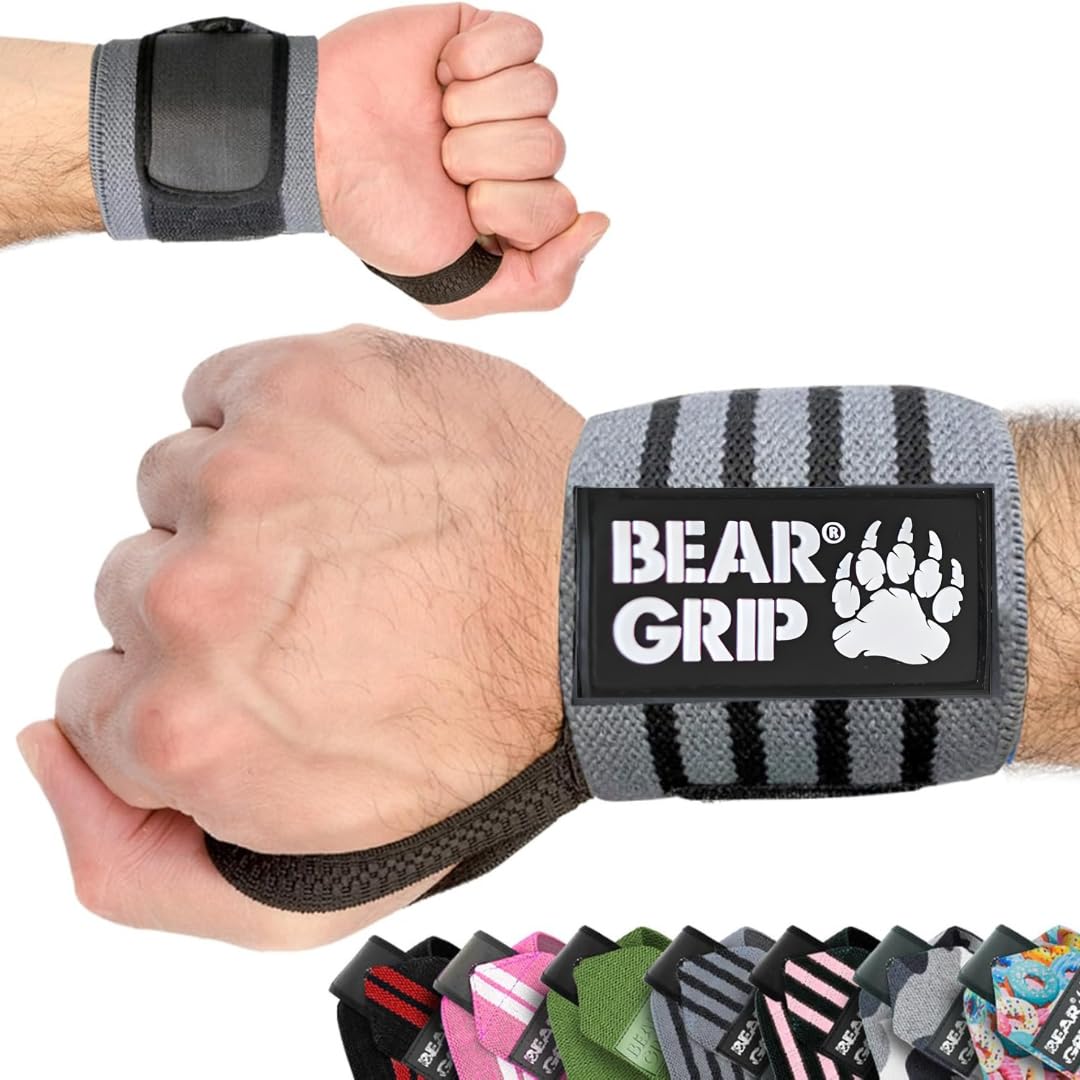 BEAR GRIP - Weight lifting wrist support wraps (Sold in pairs) (GREY-BLACK) — image 1