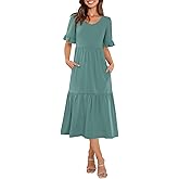 LUXVEER Womens Casual Summer Dress Casual Ruffle Short Sleeve V Neck A Line Flowy Tiered Beach Maxi Dresses with Pockets