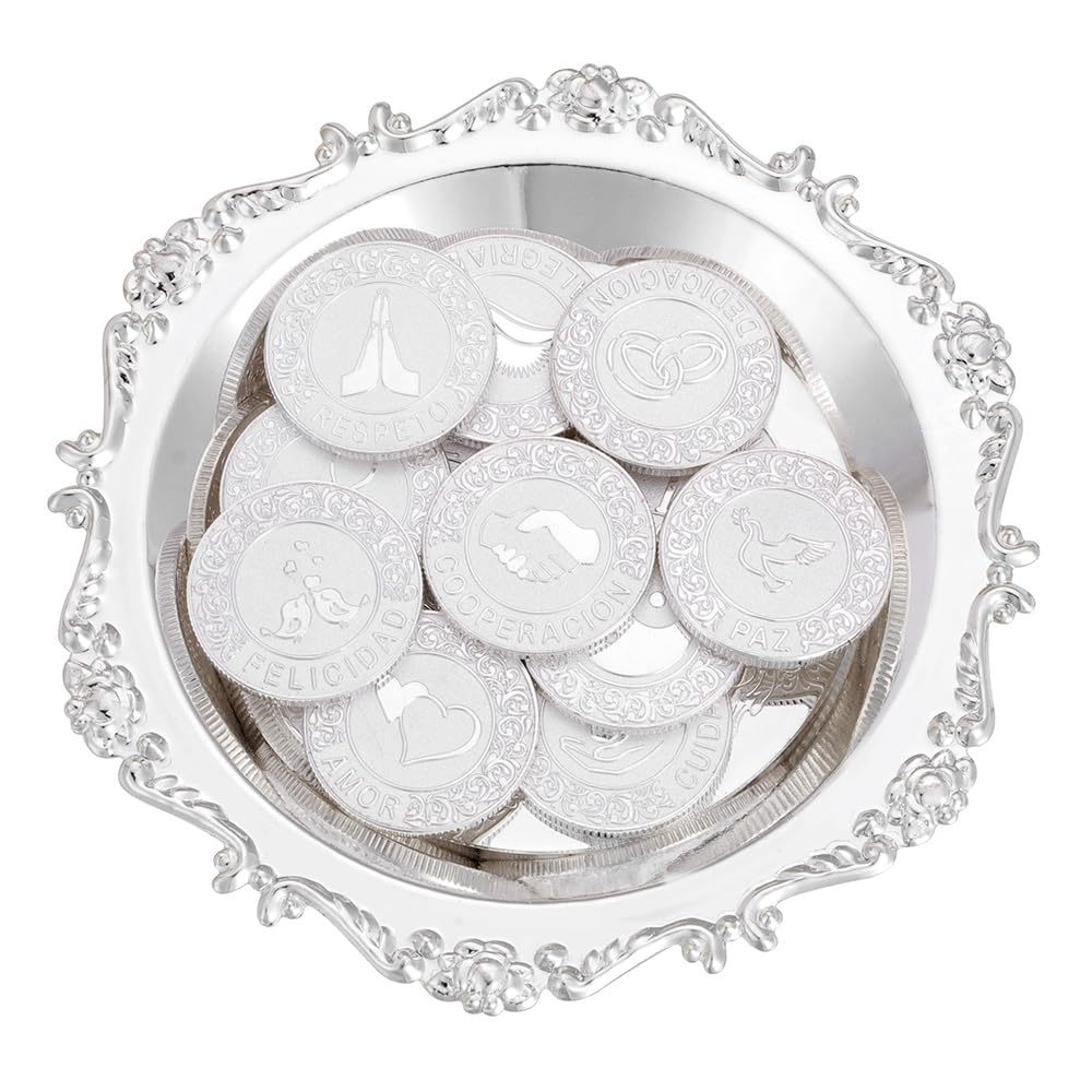 TINGKU Silver Spanish Las Arras de Boda Cristiana with Tray Plate, Arras Para Boda Catolica, Arrhae Wedding Coins Set for Ceremony, Decoration para Boda