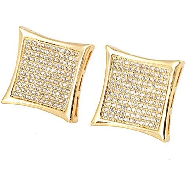 Men's Hip Hop Stud Earrings - 14k Gold Plated XL Square With CZ Stones & Screw Backs 3 thumbnail image