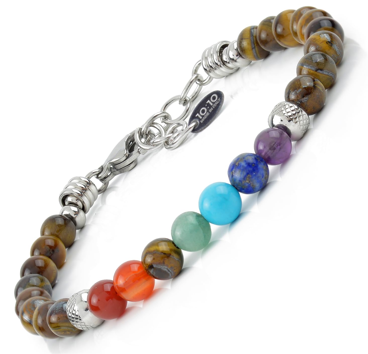 10:10 7 Chakra bracelet made of stainless steel and 6 mm natural stones, made in Italy., Stainless Steel Stone,