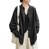 Aeneontrue Women's Linen Oversized Blouses Vintage Long Sleeve Jackets Loose fit Chinese Frog Shirts