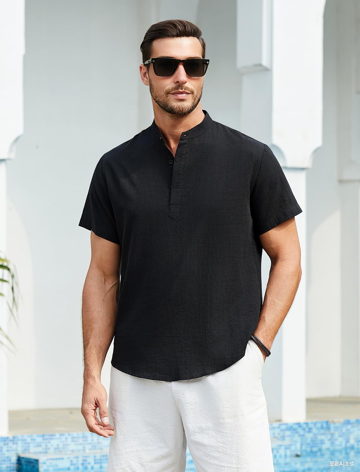 Enlision Herren Hemd Kurzarm Schwarz Baumwolle Leinenhemd Leichtes Sommerhemd Ohne Kragen Freizeithemden für Herren Henley Shirt Regular Fit L 7