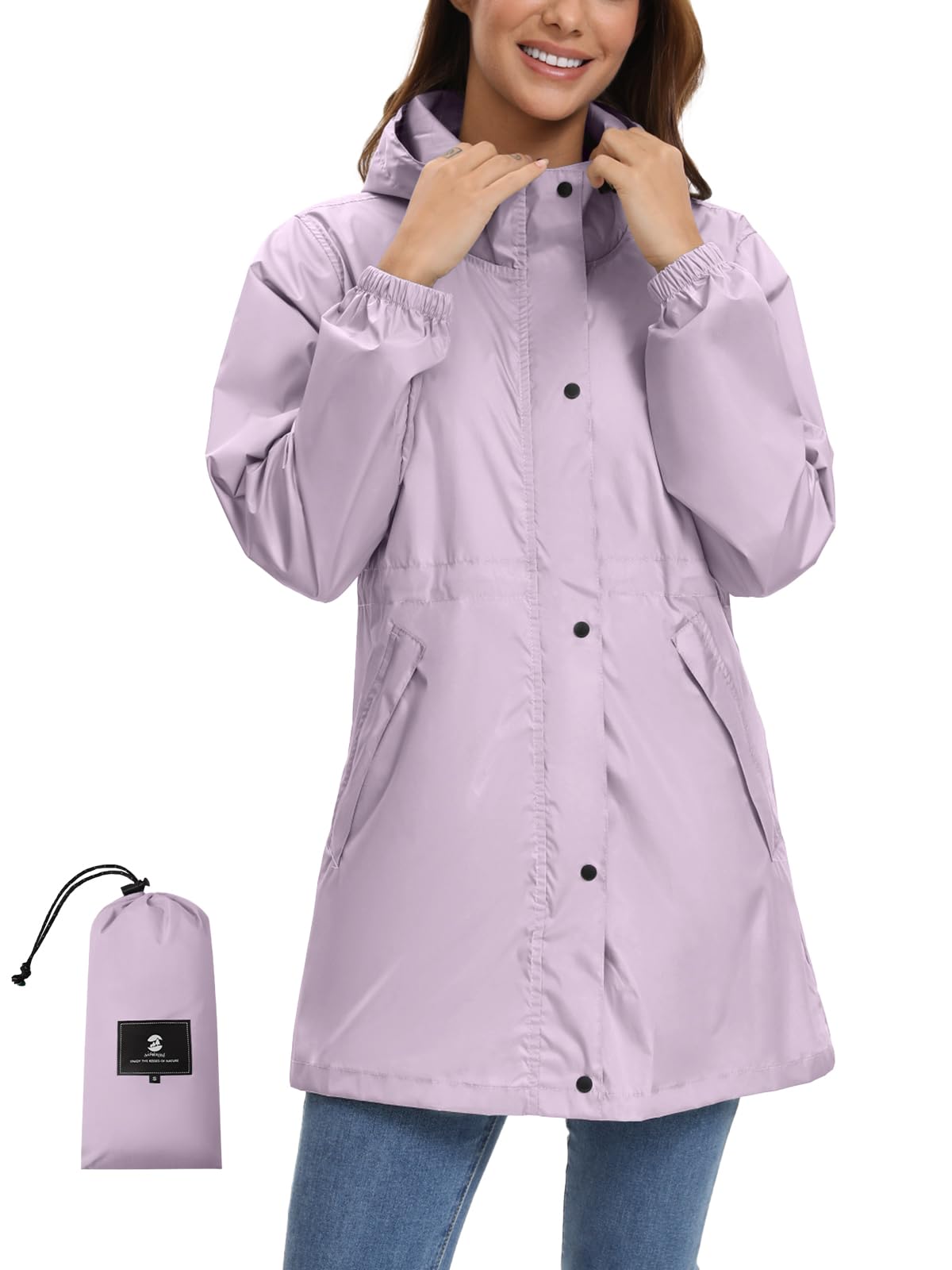 Photo 1 of SaphiRose Women's Lightweight Long Rain Jacket Packable Raincoat Hooded Outdoor Trench Coats (Light Purple, M)