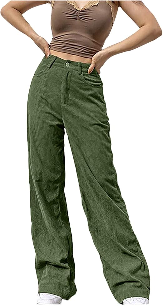 Women's High Waist Corduroy Pants Vintage Solid Straight Leg Baggy