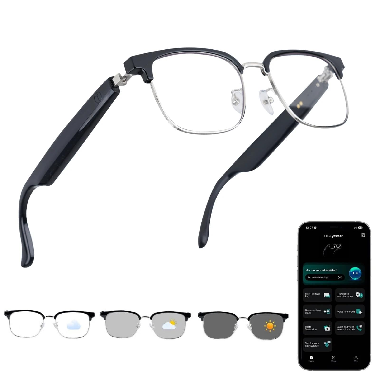 Photo 1 of AI Smart Glasses, Bluetooth Audio Glasses with Real-Time Translator for 164 Languages, Free APP, Photochromic Lens, Spring Hinges, Wearable Tech Bluetooth Glasses for Travel/Work/Study(Silver)