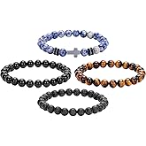 Crystery Men Beaded Bracelets, 8mm Natural Stone Bracelet, Healing Crystal, Jewelry Gifts for men, Triple Protection, Tiger Eye, Black Obsidian Beads Bracelets, Lava Rock, Pack of 4