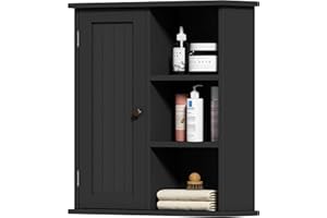 Treocho Bathroom Wall Cabinet, Medicine Cabinet with Door and 3 Open Shelves, Wall Mounted Storage Organizer for Bathroom, Kitchen, Living Room, Black