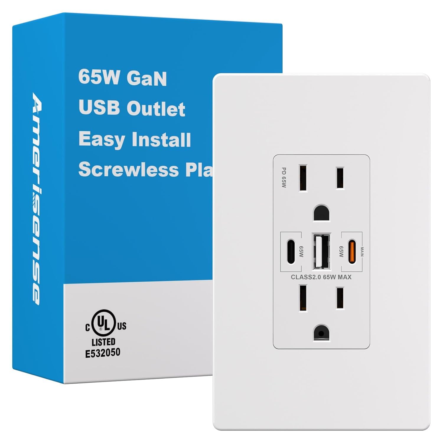 Photo 1 of [Ultra] USB C Wall Outlet,Amerisense GaN 65W 15 Amp Tamper-Resistant Receptacle with 2 USB Type C & 1 Type A Port, USB Charger for Phone/Tablet/Laptop,UL Listed,White