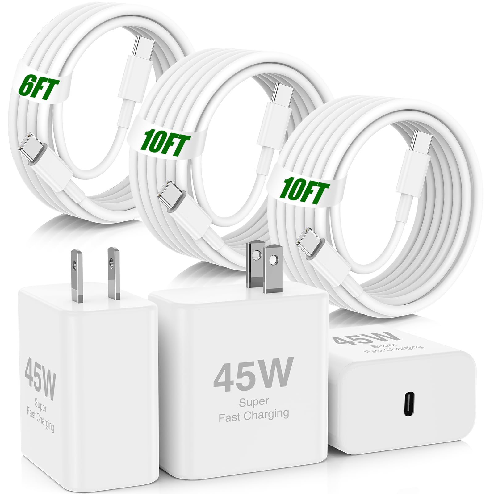 Photo 1 of 45W iPhone 17 16 Pro Max Charger Fast Charging,3Pack USB C Fast Charger Block with Long 10/10/6FT C to C Cable for Apple 17 Pro Max/16 Pro/15/iPad 13th,PD Quick Adapter 3.2 for iPhone 17 16