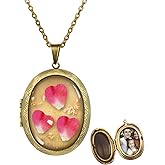 Pressed Flower Necklace,Handmade Oval Shaped Photo Locket Necklace,Birth Flower Necklace for Women,Personalized Vintage Picture Locket Necklace