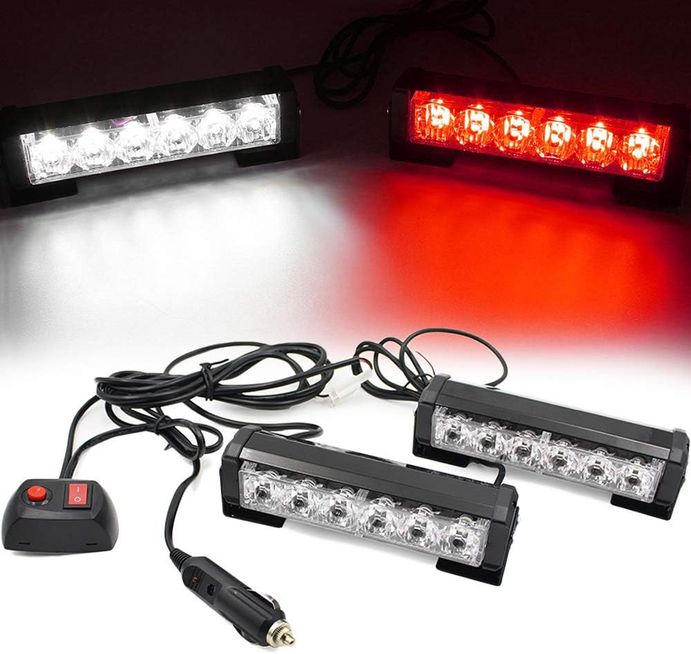 FOXCID 2 X 6 LED 9 Modes Traffic Advisor Emergency Warning Vehicle Strobe Lights for Interior Roof/Dash/Windshield/Grille/Deck Universal Waterproof (White/Red)