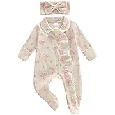 allshope Newborn Baby Girl Fall Outfit Romper Footies Waffle Bow Zip Up Footed Jumpsuit Ruffle Trim Infant Clothes