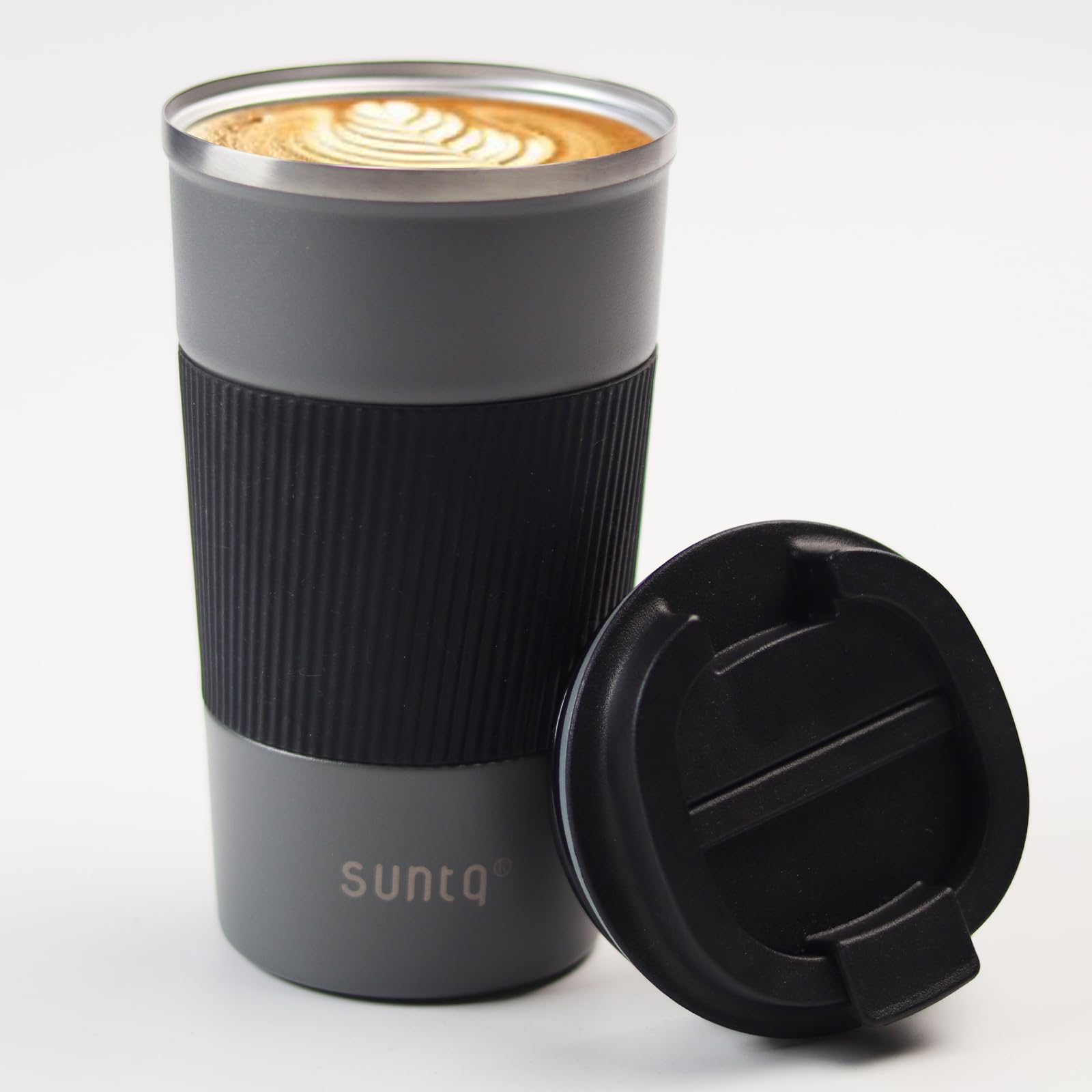 SUNTQ Reusable Coffee Cups Travel - Coffee Travel Mug with Leakproof Lid - Thermal Mug Insulated Cup - Stainless Steel Travel Cup with Rubber Grip - for Hot and Cold Drinks, 17oz/510ml Gray/Black