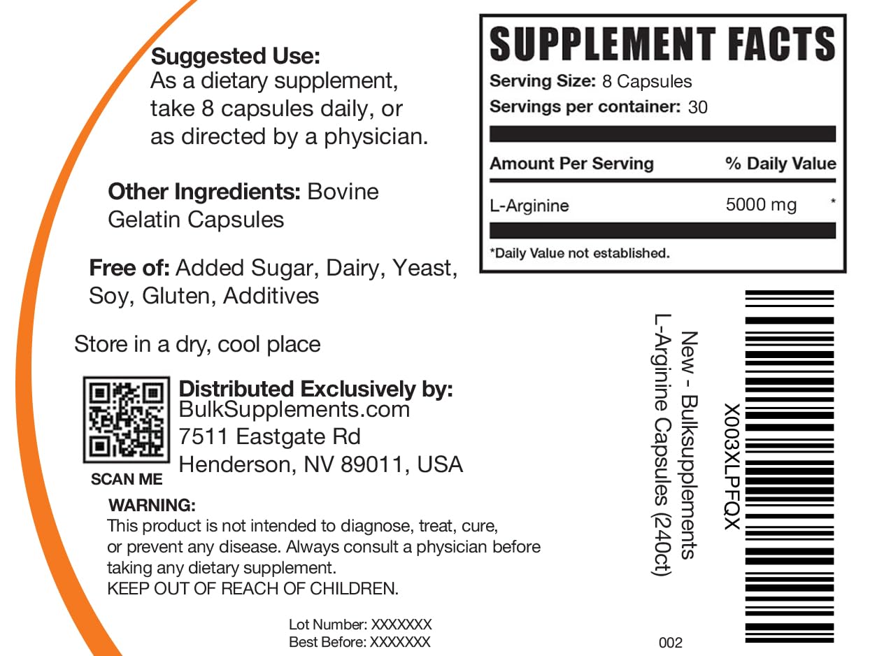BulkSupplements.com L-Arginine 5000mg Capsules - Arginine Supplement, Nitric Oxide Supplement, L-Arginine Capsules - Gluten Free, 8 Capsules per Serving, 240 Capsules (Pack of 1)