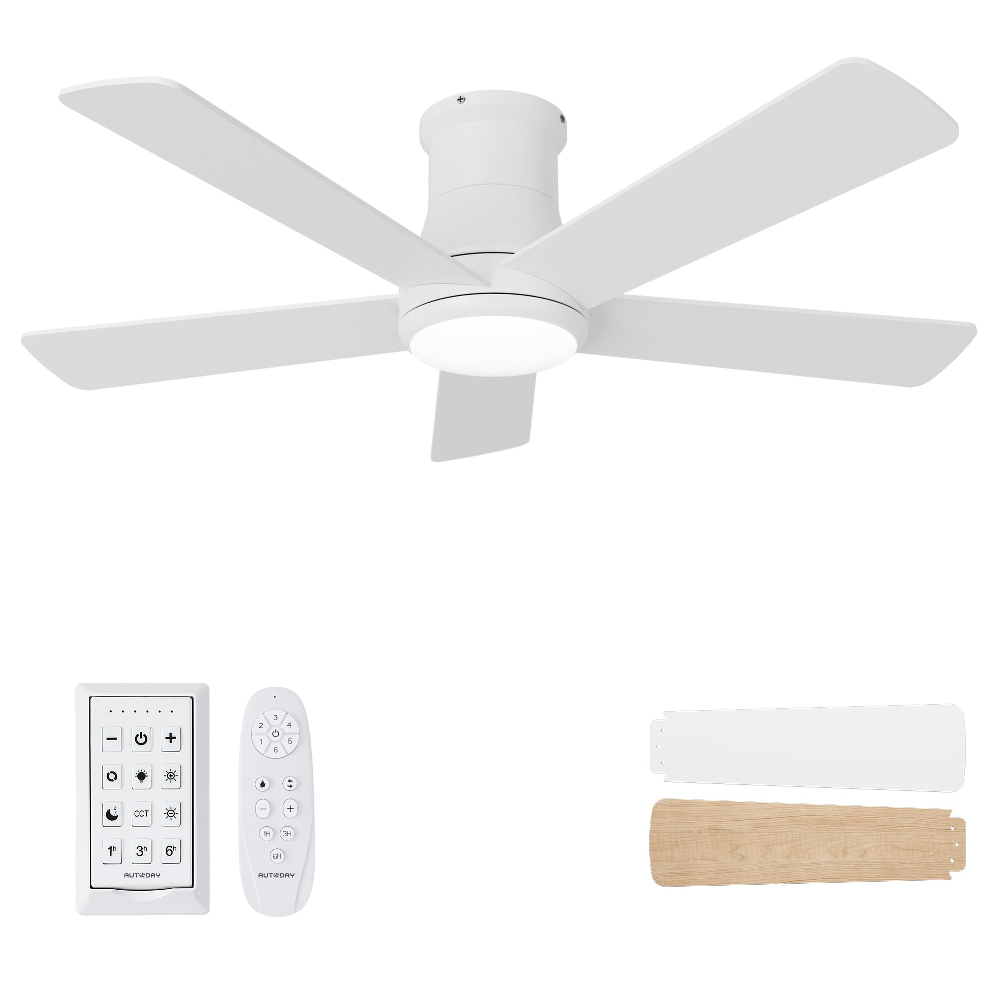 Autoday 42 Inch Low Profile Ceiling Fan with Light, White Ceiling Fans with Lights and Remote, Flush Mount, 6 Speeds Reversible Quiet DC, 3CCT Dimmable, Indoor Outdoor Ceiling Fans for Patios Bedroom Image