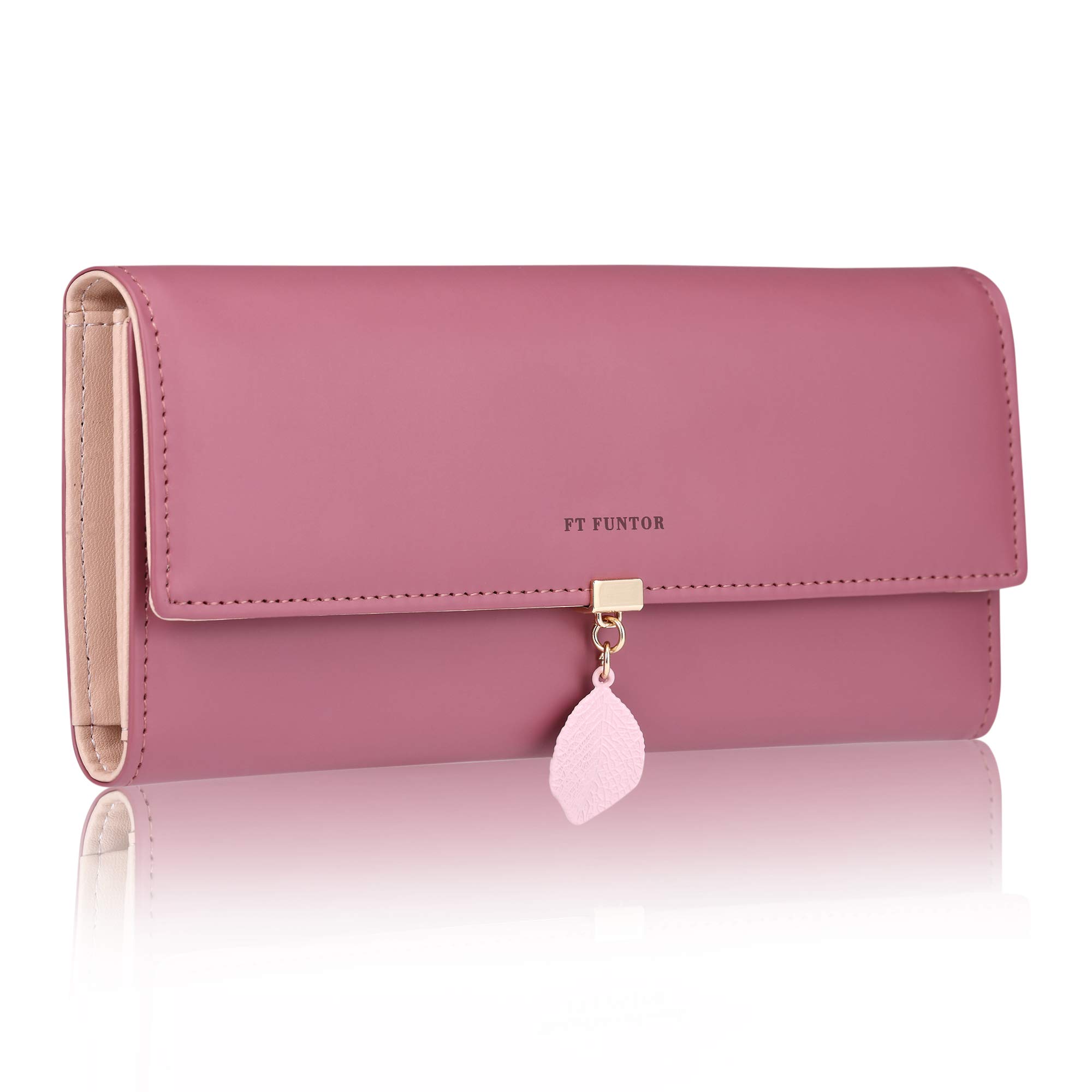 FT FUNTOR PU Leather Wallet for Women RFID Blocking Ladies Leaf Pendant Coin Zipper Long Purse with Multiple Card Slots and Card Holders Phone Pocket (Deep Pink)
