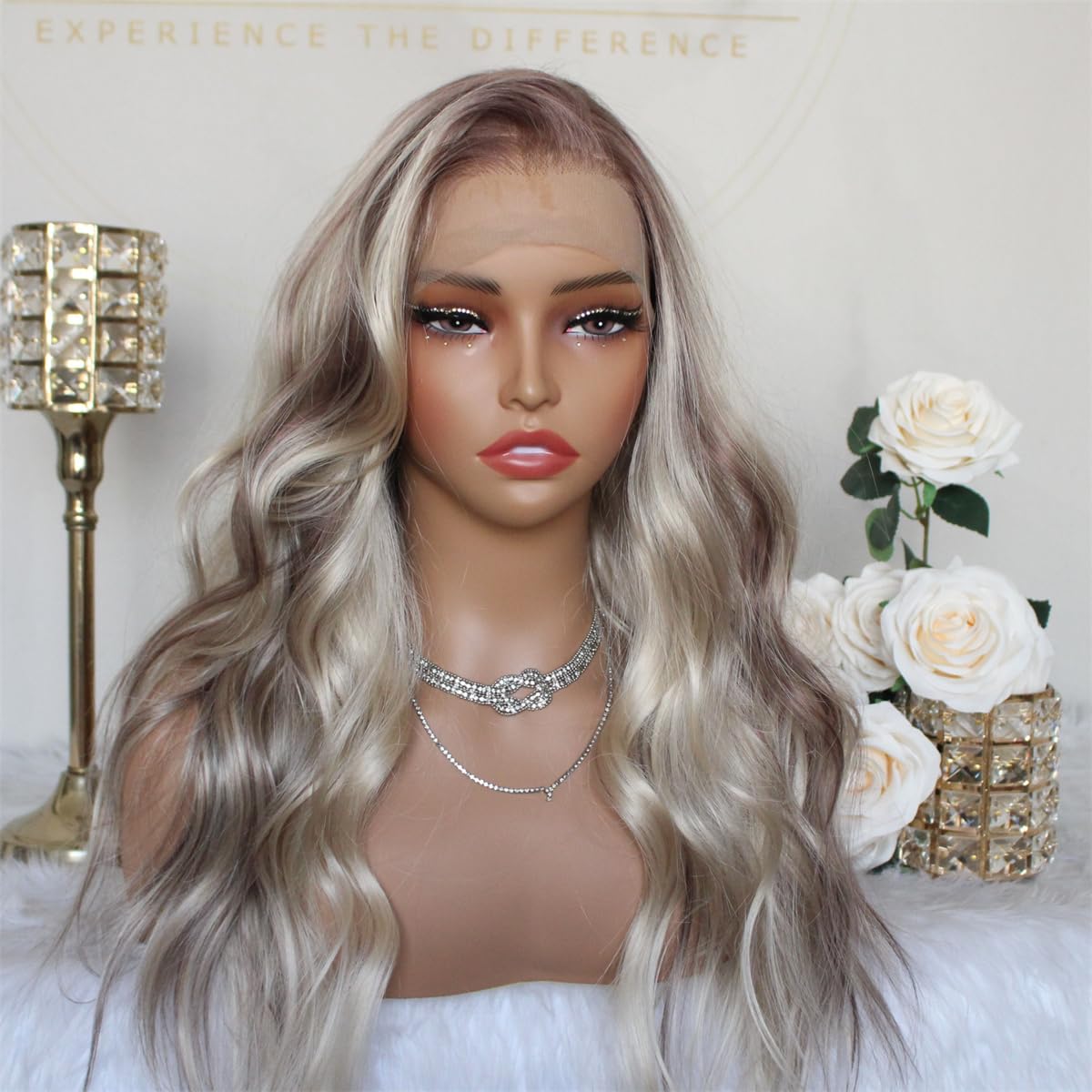 Photo 1 of Aisom True Glueless Wig Natural looking Wig Highlight Blonde Ombre 13x6 Wave Platinum Colored Mixed Brown Synthetic Lace Front Wig with Realistic Hairline 18INCH