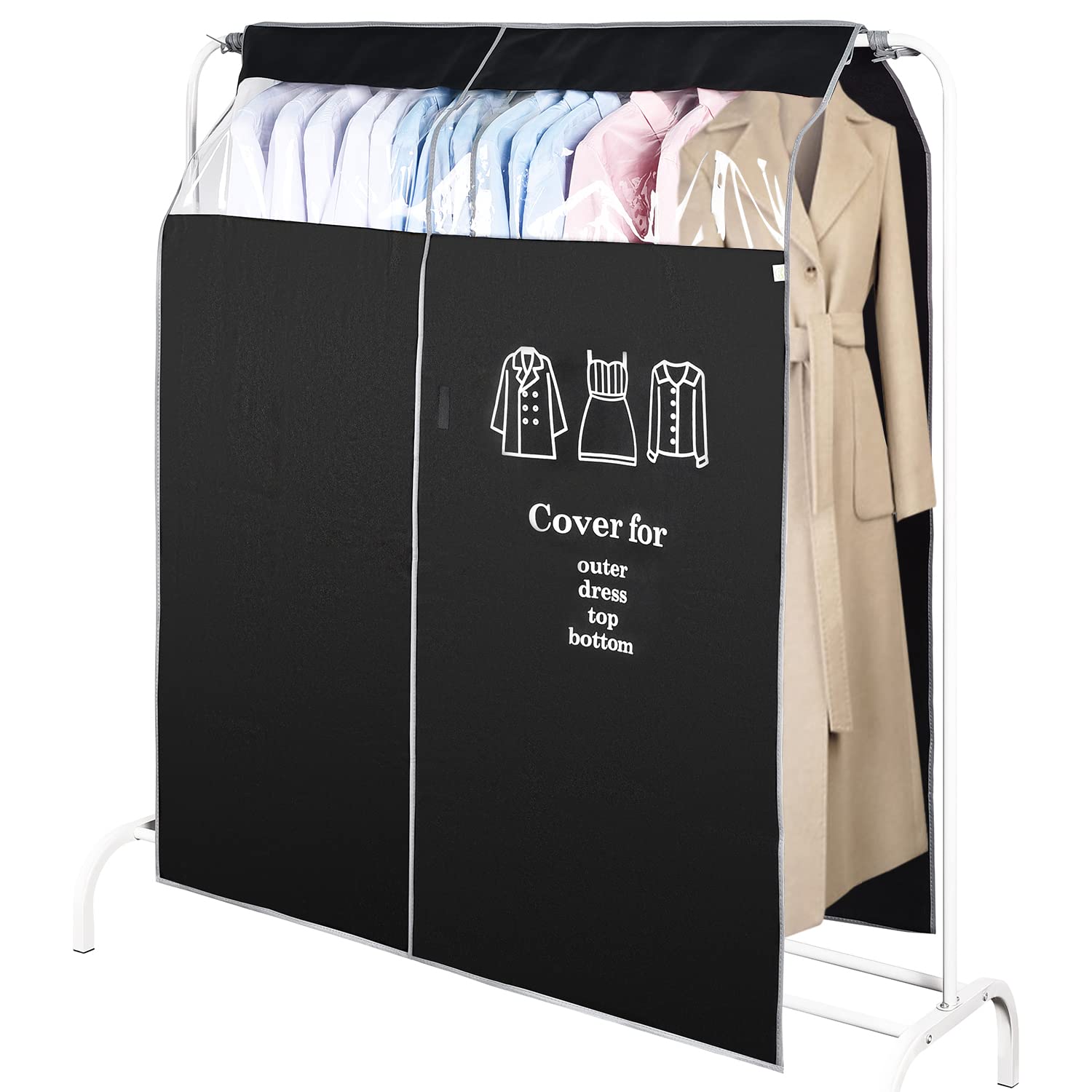 OTraki Dustproof Garment Covers, 120x150cm Moth Proof Clothes Covers Rail Dustproof Suit Protector with Transparent Window Garment Bags for Coat Long Dresses Home Bedroom (Black)