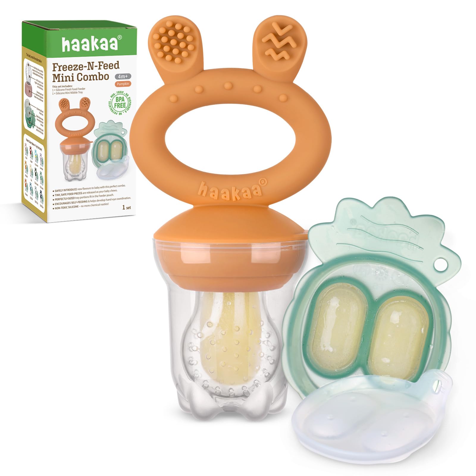Photo 1 of Haakaa Baby Fruit Food Feeder & Mini Freezer Nibble Tray Combo, Breastmilk Popsicle Molds for Baby Cooling Relief, BPA Free Silicone Feeder for Safe Infant Self Feeding, 4 Month+ (Pumpkin)