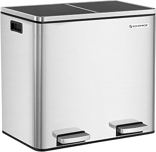 SONGMICS Mülleimer, Abfalleimer, Mülltrennsystem mit 2 Fächern, Treteimer für die Küche, 2 x 24 L, Softclose, Inneneimer aus Kunststoff, mit Fußpedalen und Handgriffen, silbern LTB48NL