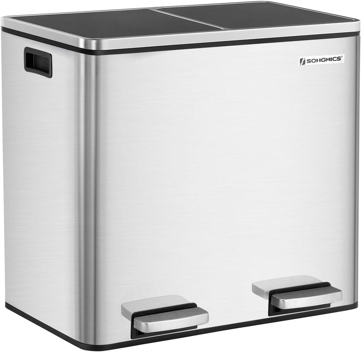 SONGMICS Mülleimer, Abfalleimer, Mülltrennsystem mit 2 Fächern, Treteimer für die Küche, 2 x 24 L, Softclose, Inneneimer aus Kunststoff, mit Fußpedalen und Handgriffen, silbern LTB48NL