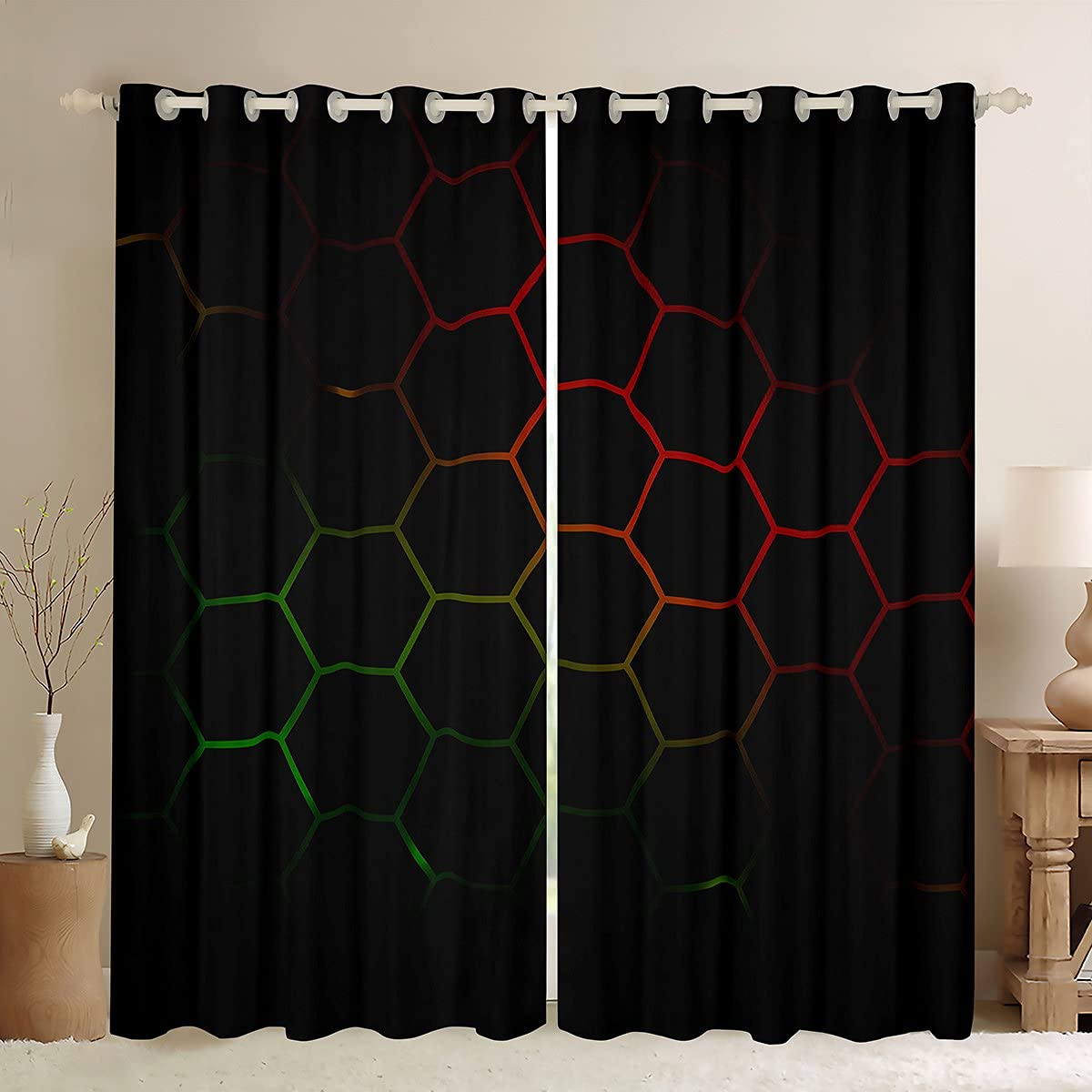 Loussiesd Boys Honeycomb Window Drapes Kids Men Girls Modern Hexagon Window Curtains for Bedroom Living Room Colorful Grid Art Neon Curtains Red Green Black Window Treatments W46*L72