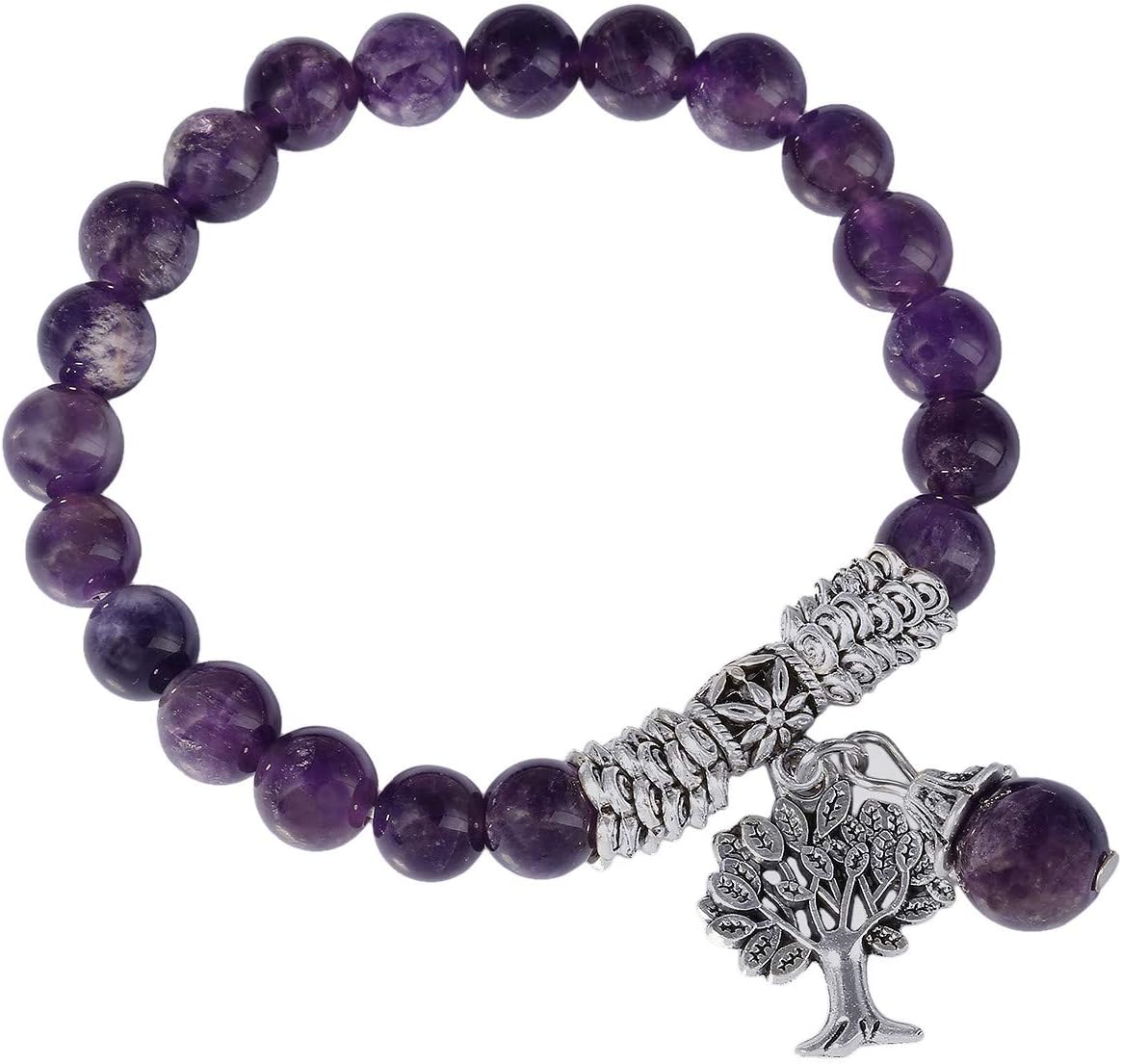 Handmade Round Stone Tree of Life Stretch Bracelet for Women Men, 7" Strand
