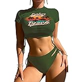 Sexybody Women's 3 Piece Swimsuit Halter String Bikini Tie Side Mesh Short Sleeve Bathing Suits