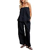 Lenader Women Summer Outfits 2 Piece Set Strapless Tube Top and Wide Leg Pants lounge Set Relaxed Off Shoulder Top Pants Set