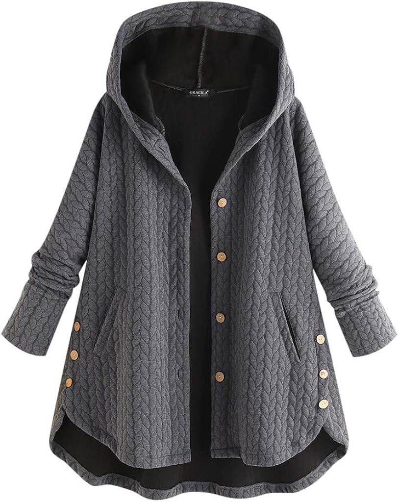Alough Women Coat Plus Size Casual Button Pockets Warm High Low Long Sleeve Hooded Jacket Winter Fall Snow 5X Coats: Clothing