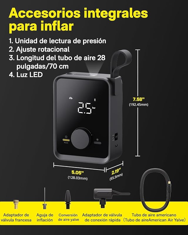 Compresor Aire Portatil 120PSI, Hinchador Ruedas Coche 2500mAh Batería