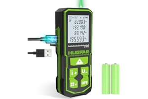 Huepar Professional Green Laser Measuring Tool 196ft, Digital Rechargeable Laser Distance Meter with Angle Sensor, 1/16in Accuracy, M/in/Ft Unit, Pythagorean Mode, Measure Distance, Area, Volume