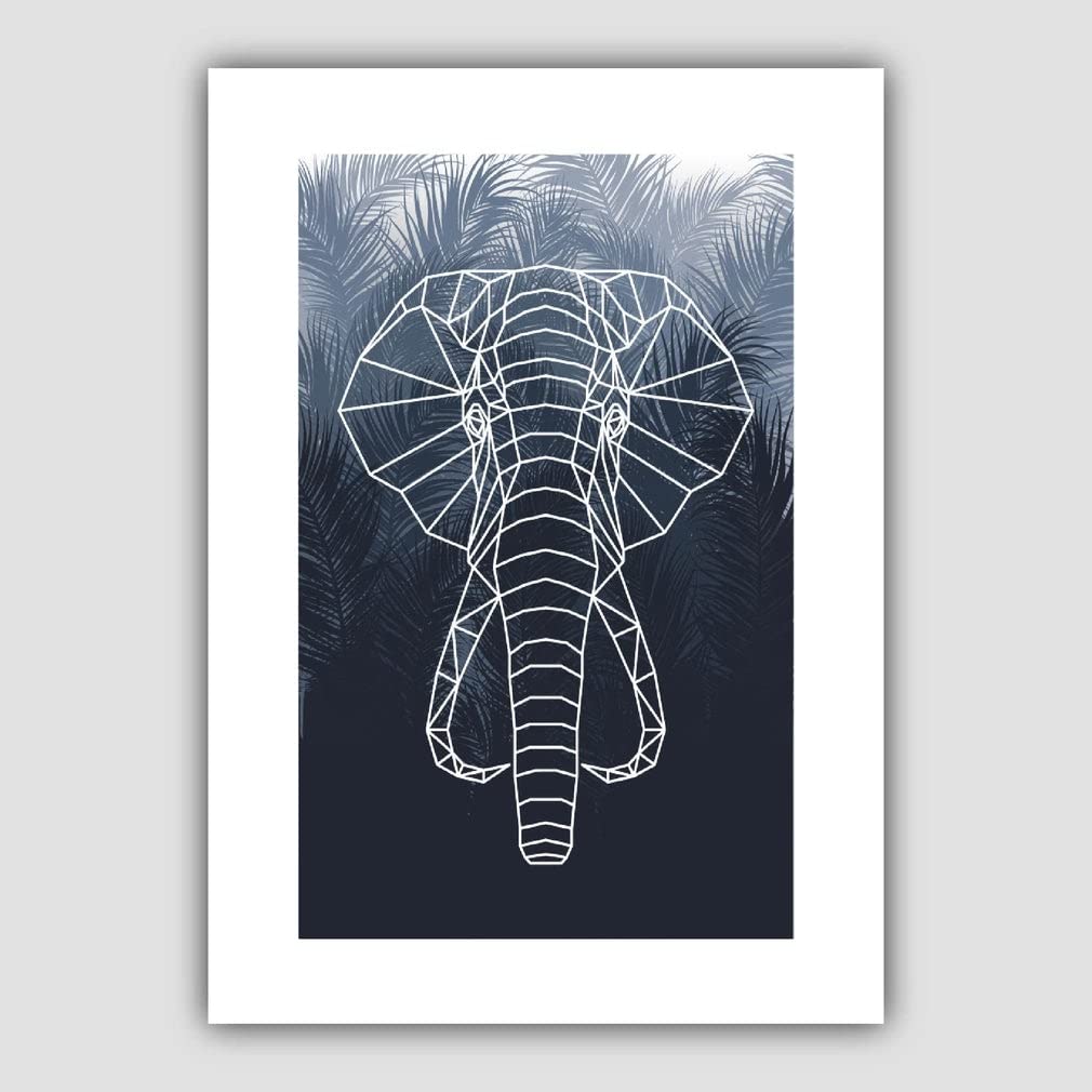 Artze Wall Art Geometric Elephant Head with Navy Palms Art Print, A4 Size