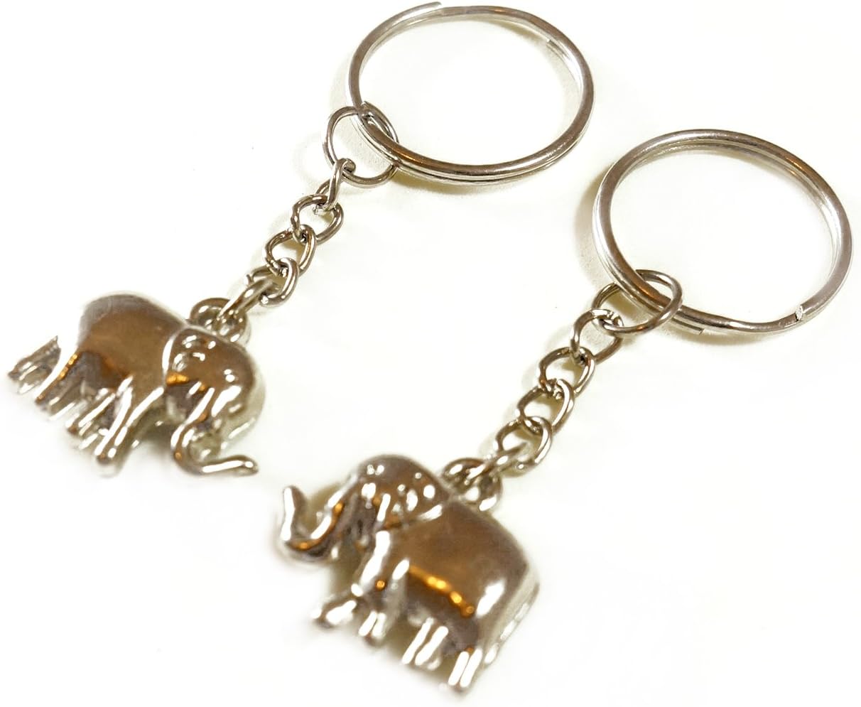 Asian Elephant Key Chains Rings Silver Figures 1"x0.3" Set 2 Pcs (Silver)