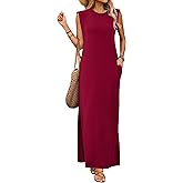 Maxi Dresses for Women Round Neck Sleeveless Casual Loose Split Long Beach Sundress 2025 Summer Dress with Pockets