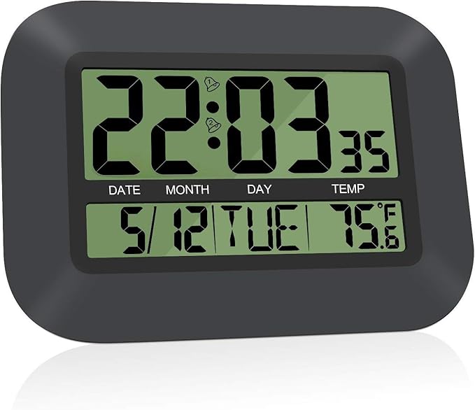 HeQiao 12 inch Silent Desk Clock Large LCD Digital Wall Clock Battery Operated EasyRead Alarm