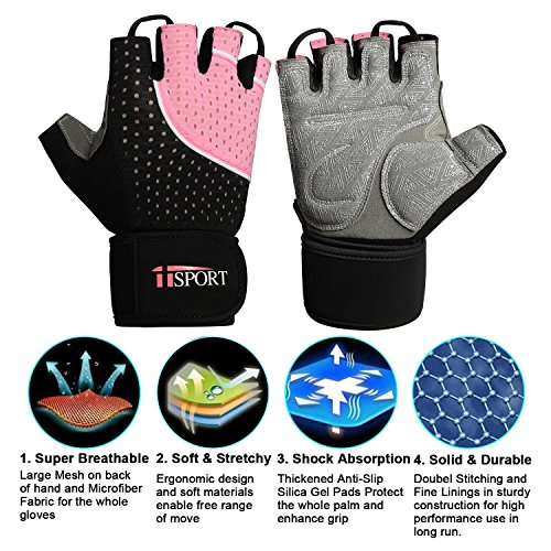 iiSPORT Weight Lifting Gloves for Men and Women, Anti-Slip Padded Workout Gloves with Wrist Support for Gym Bodybuilding Crossfit Cross Training Gloves - Pink S - Thumbnail 2