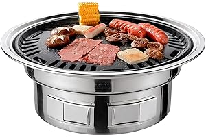 Multifunctional Korean BBQ Grill Charcoal Barbecue Round Camping Stove Tabletop Smoker with Grilled Net Tray Portable for Cou