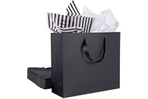 PLAUTHUS 12 Pack Black Gift Bags with Ribbon Handles, Large Gift Bags with Tissue Paper, Black Kraft Paper Gift Bags for Shopping, Small Business, Wedding, Christmas and Holiday (12.5” x4.5” x11”)
