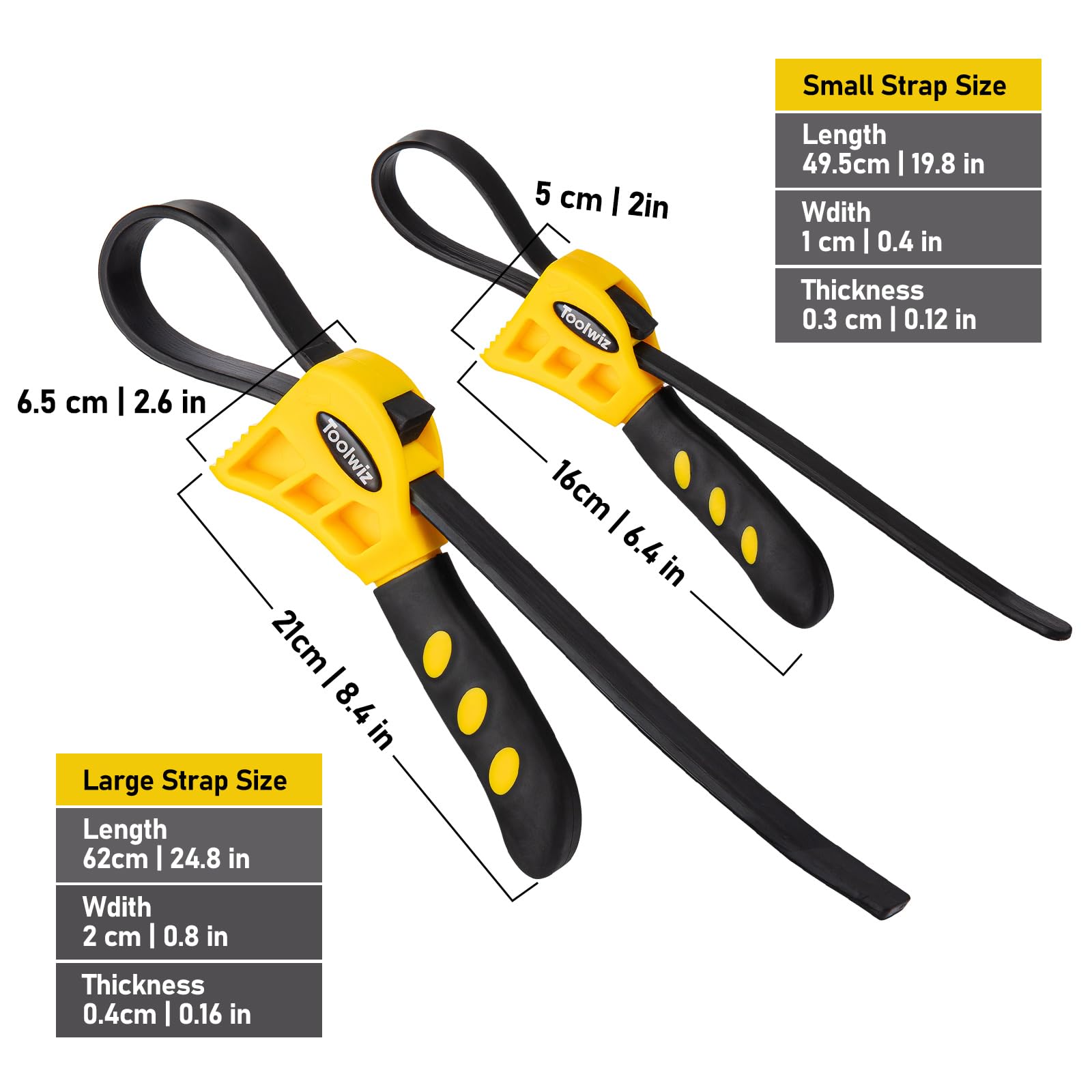 Toolwiz Bandschlüssel 2 Stück 500mm und 600 mm Ölfilterschlüssel Gummi Rohrzange Universal Einstellbar bis max Durchmesser Ø150 mm Schwarz Gelb 5